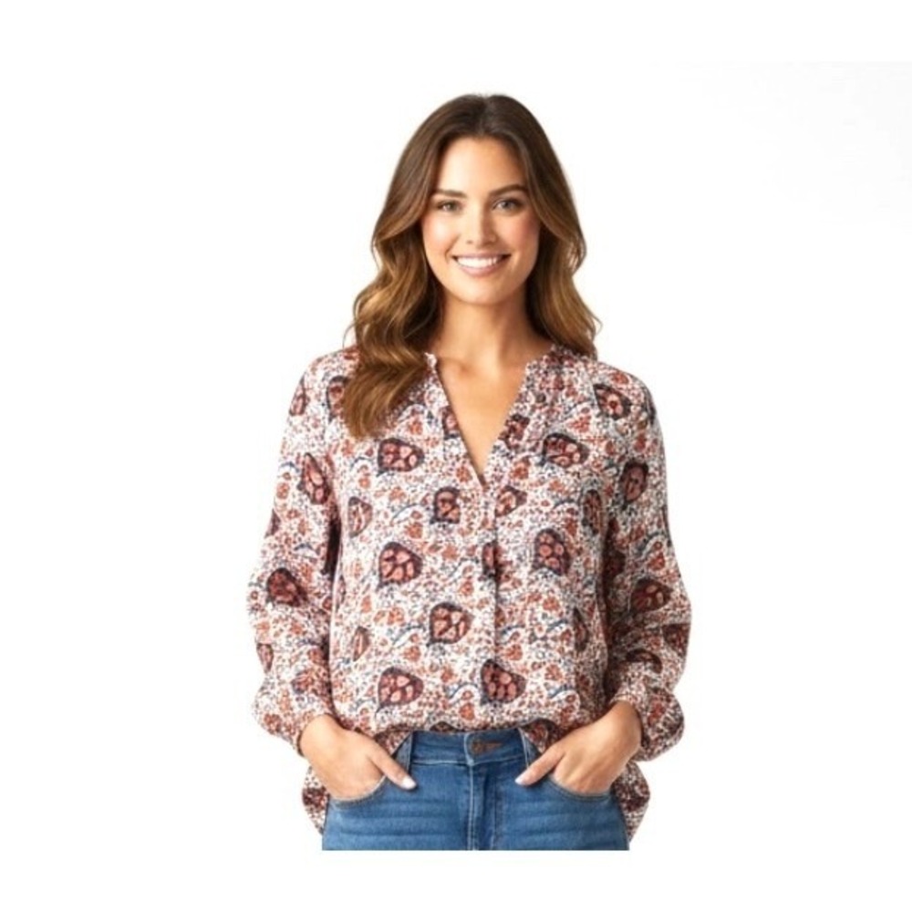 Lucky Brand Women Shirt Small Boho Floral Print V Neck‎ Long Sleeve Blouse Top